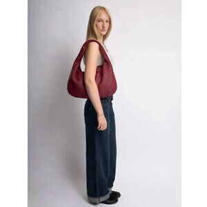 Dark Cherry Red Textured Woven Half Moon Hobo Shoulder Bag NEW